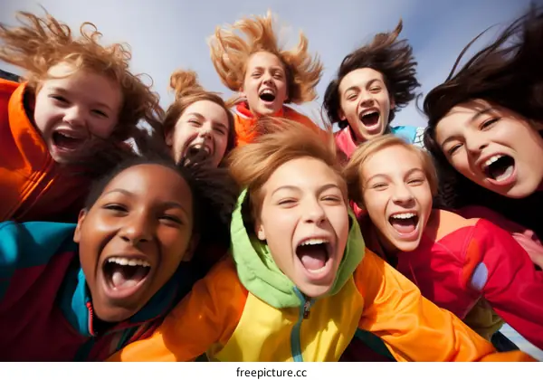 A group of diverse children are laughing and having fun together outside.