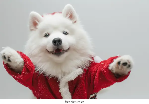 Samoyed dog wearing a Santa hat