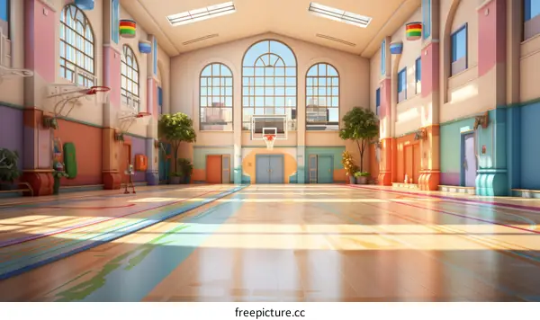 Colorful and bright school gym with basketball court