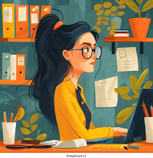 Woman Working At Her Desk With A Laptop And Yellow Jacket