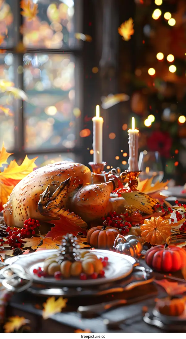 Thanksgiving dinner table with roasted turkey