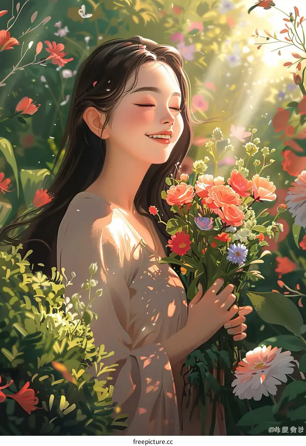 Smiling Girl with Flowers in a Garden Illustration