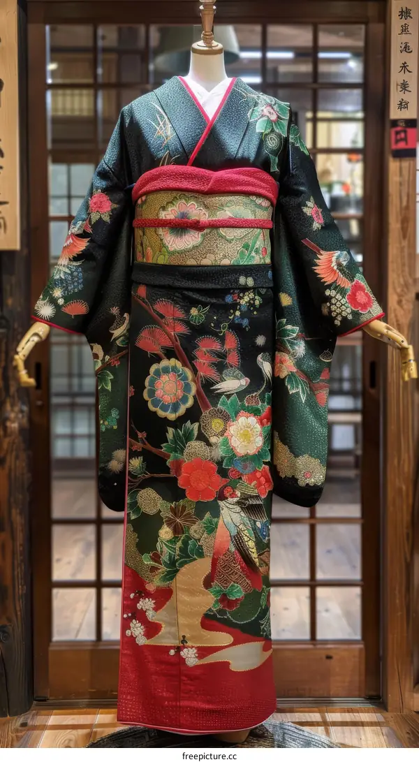 A kimono with a floral pattern and a red obi.