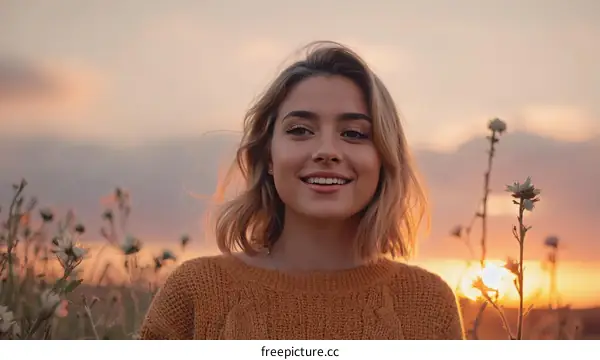 Smiling Woman in a Field at Sunset