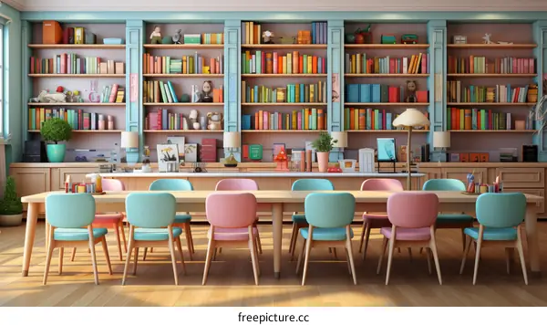 A classroom with a long table and colorful bookshelves