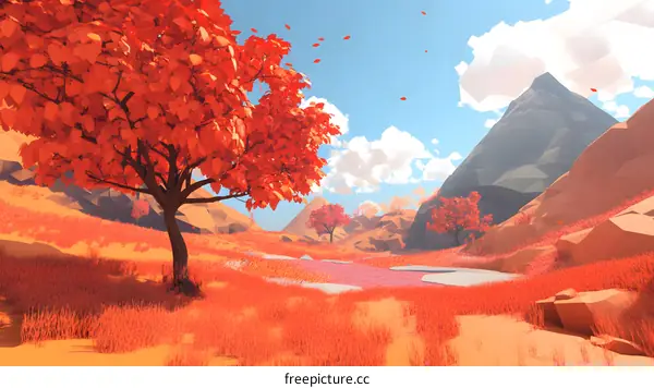 Low Poly Autumn Landscape with Red Trees and Mountains