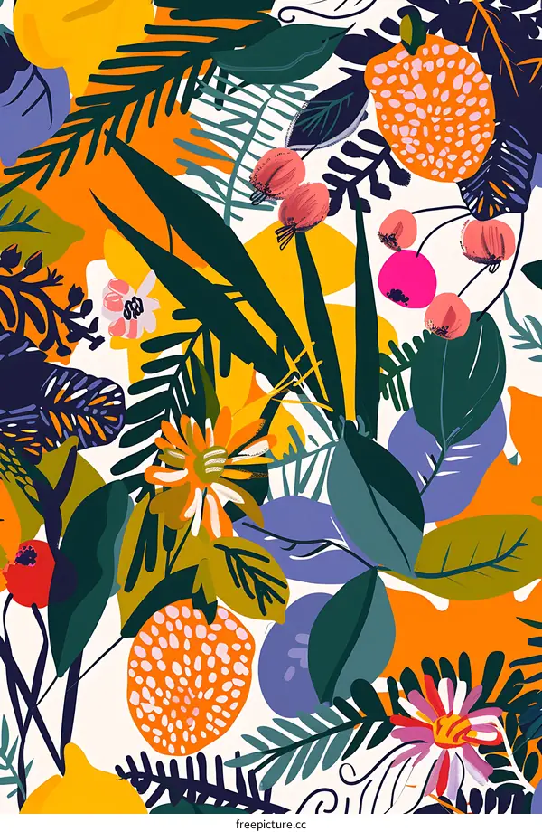 Colorful Tropical Leaves And Flowers Illustration Pattern
