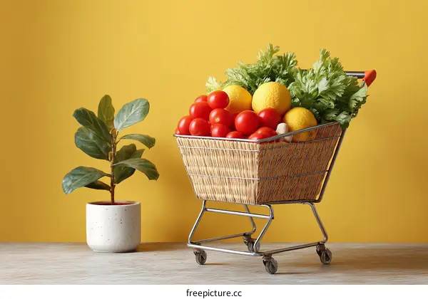 Fresh Produce Shopping Cart on Yellow Background