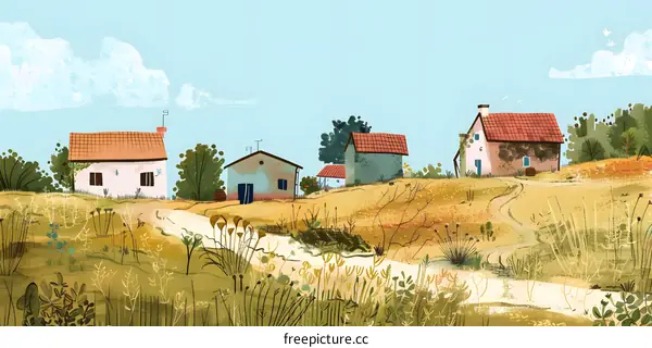 Hand Drawn Illustration of a Cute Village