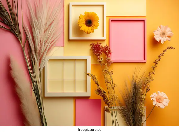 Floral Still Life with Frames on a Colorful Background