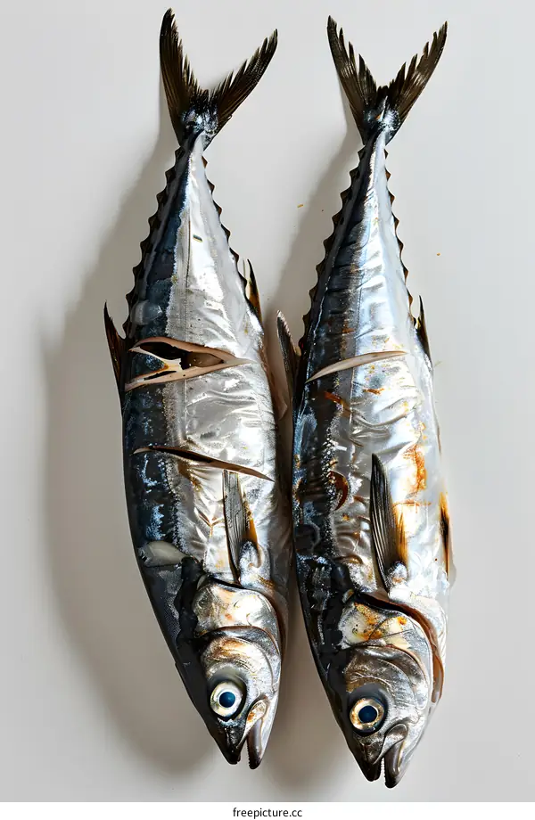 Two mackerels on a white table