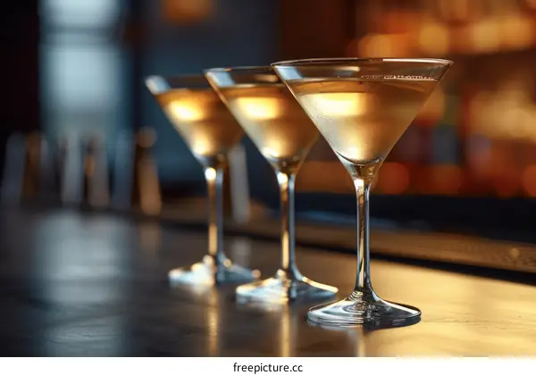 Three glasses of martini on bar counter
