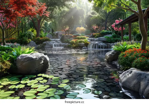Waterfall Landscape Design with Rocks, Plants, and Trees