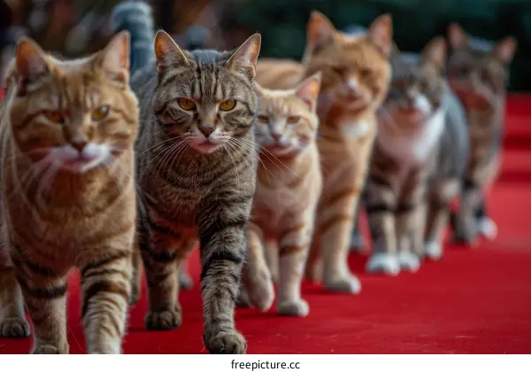 A group of cats walking on a red carpet