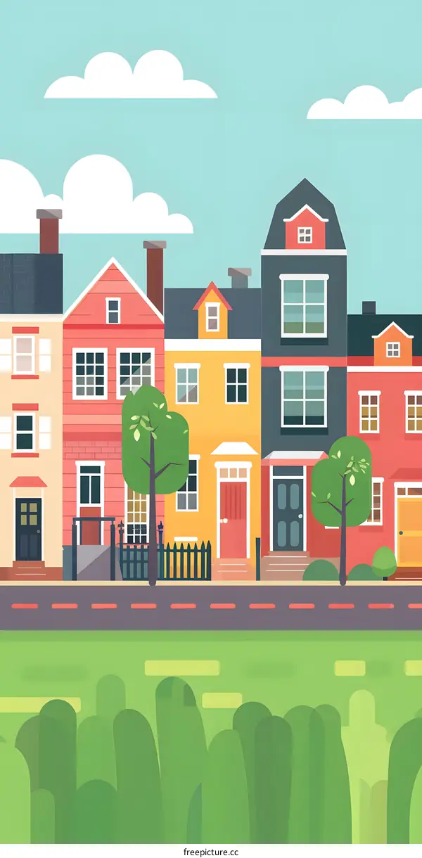 Colorful Houses in a Row on a Green Lawn