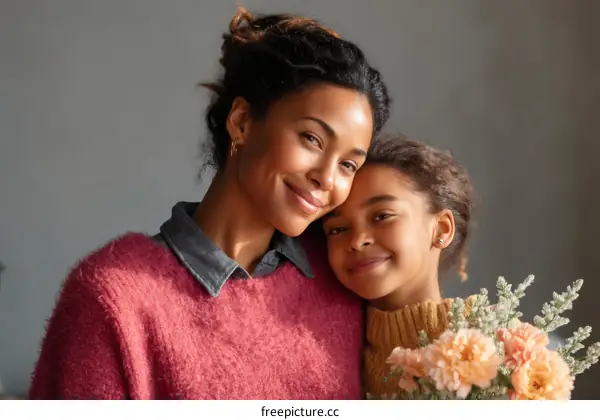 Mother and Daughter Embrace with Flowers