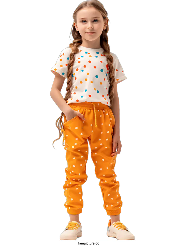 [Transparent Background PNG]A little girl with blonde hair and blue eyes is wearing a yellow polka dot shirt and pants.