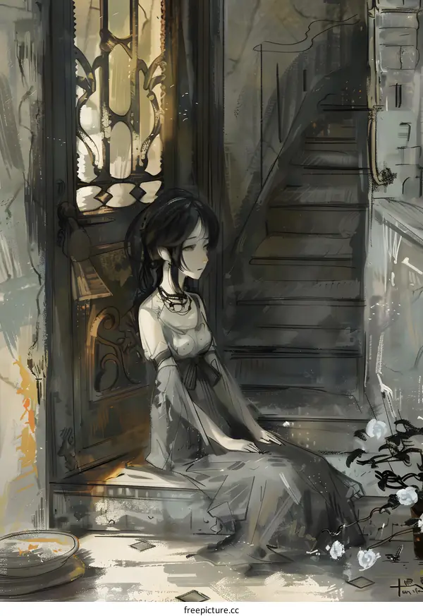 Lonely Girl Sitting On The Stairs In An Old Building