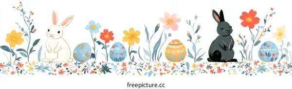 Easter Bunny Border with Flowers and Eggs