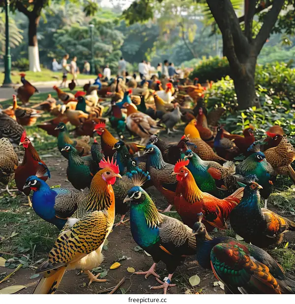 A group of peafowl and chickens in a park