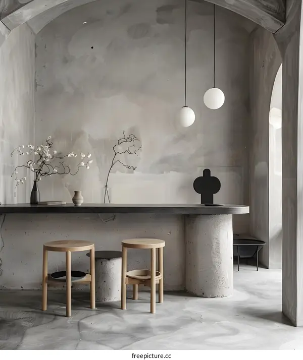 Minimalist Interior Design With Wooden Stools and Concrete Countertop