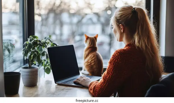 Woman Working at Laptop by Window with Cat