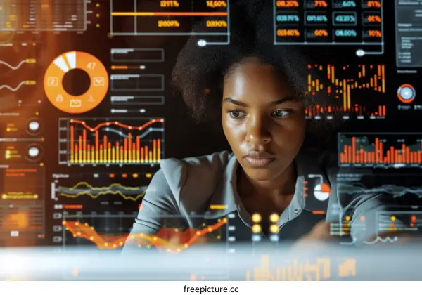 Businesswoman analyzing financial data on a futuristic screen