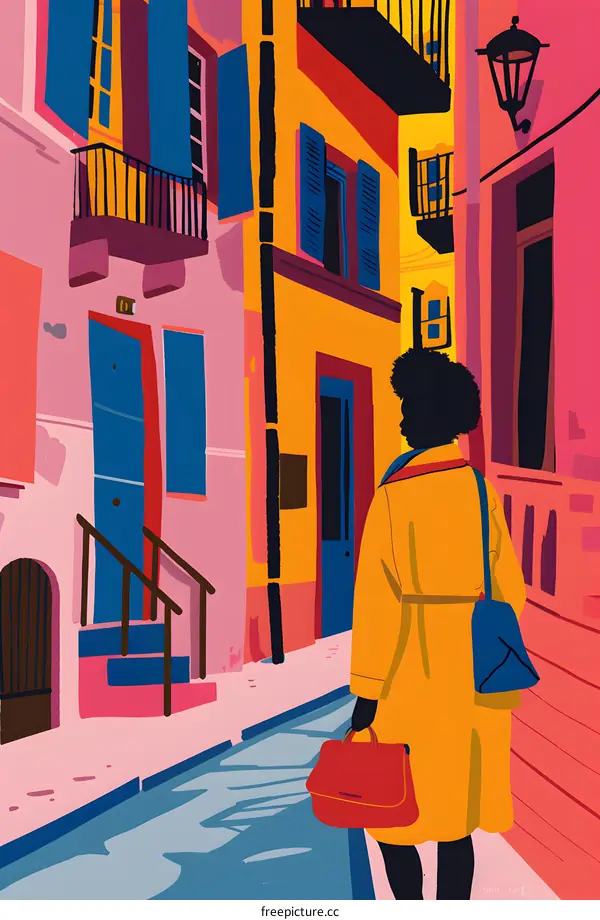 Woman Walking Through Colorful Alleyway