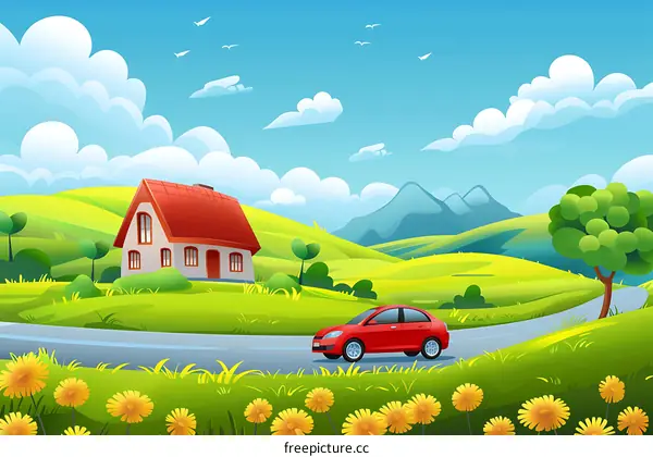Cartoon illustration of a red car driving on a road in a green countryside with a house and mountains in the background