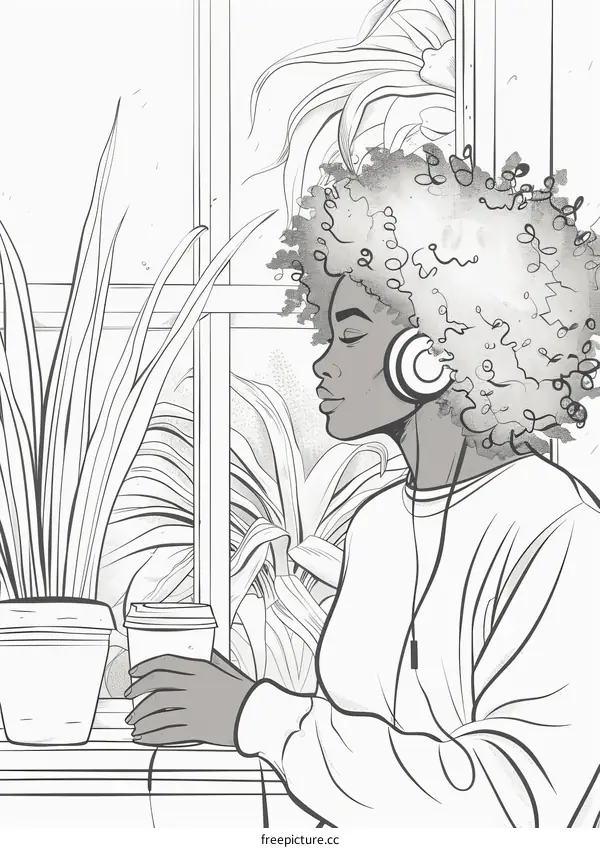 Black and white illustration of a woman listening to music with headphones