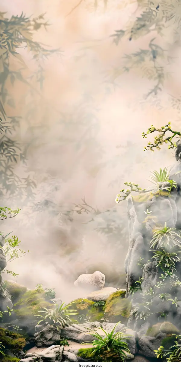 Misty Mountain Landscape with Green Plants and Rocks