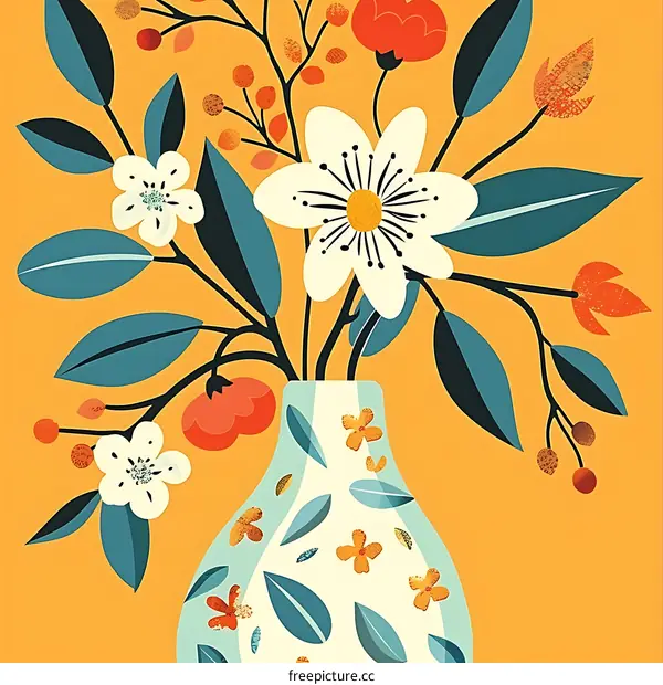 Floral Arrangement in a Vase with Yellow Background