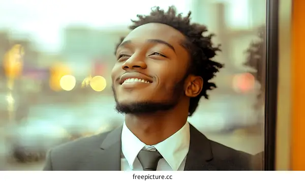 Smiling African American Businessman Looking Upward in City