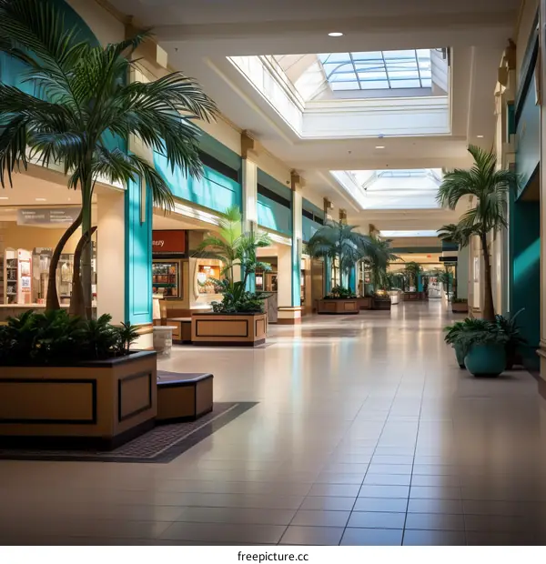 An empty shopping mall with palm trees