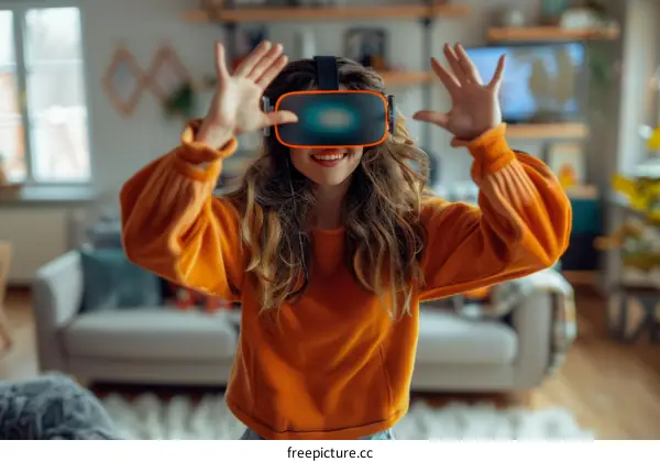 Young woman wearing virtual reality headset at home