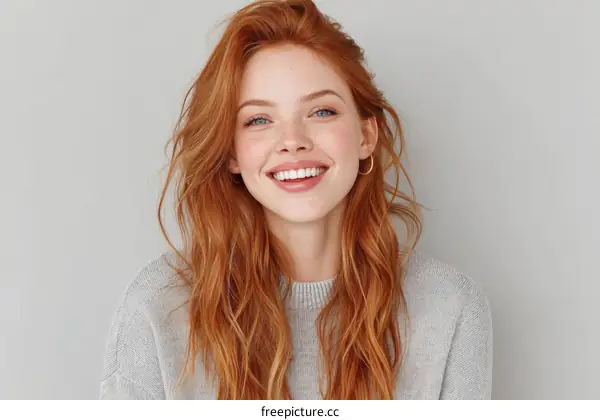 Smiling Woman with Red Hair in Gray Sweater