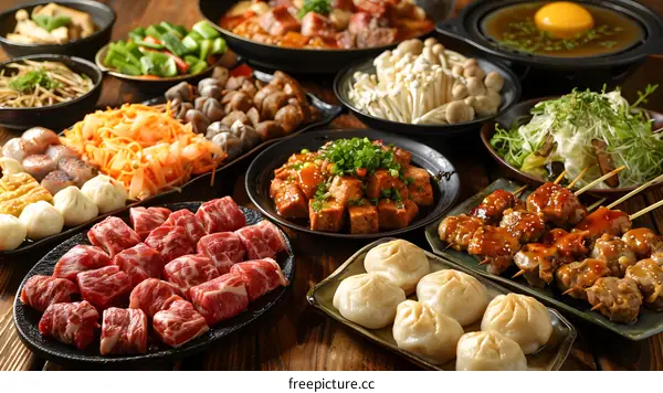 Tabletop Feast Variety of Asian Dishes