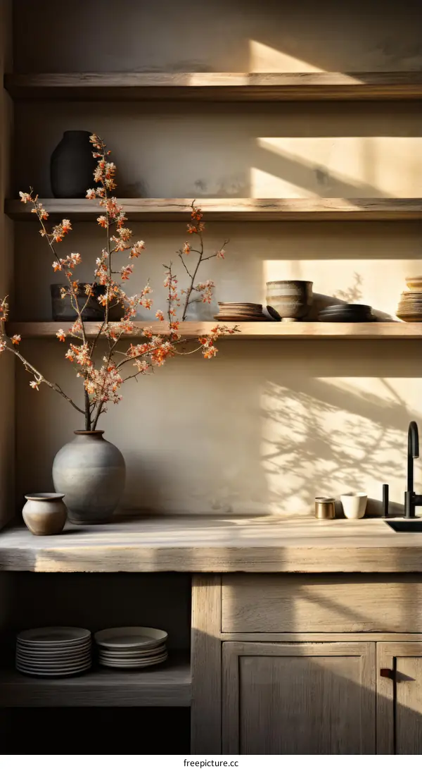 A beautiful kitchen with a vase of flowers on the counter