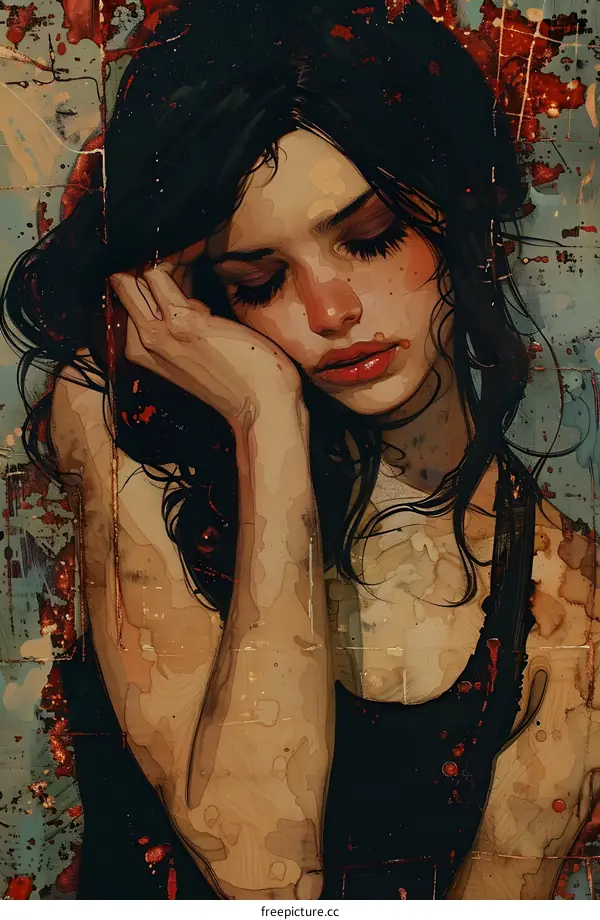 Woman with Black Hair and Red Lips Looking Down