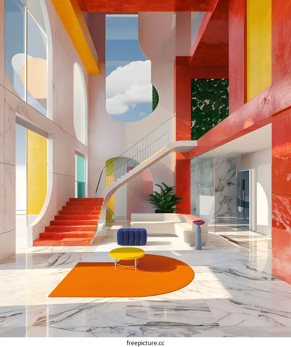 Modern Interior Design with Colorful Walls and Curved Shapes