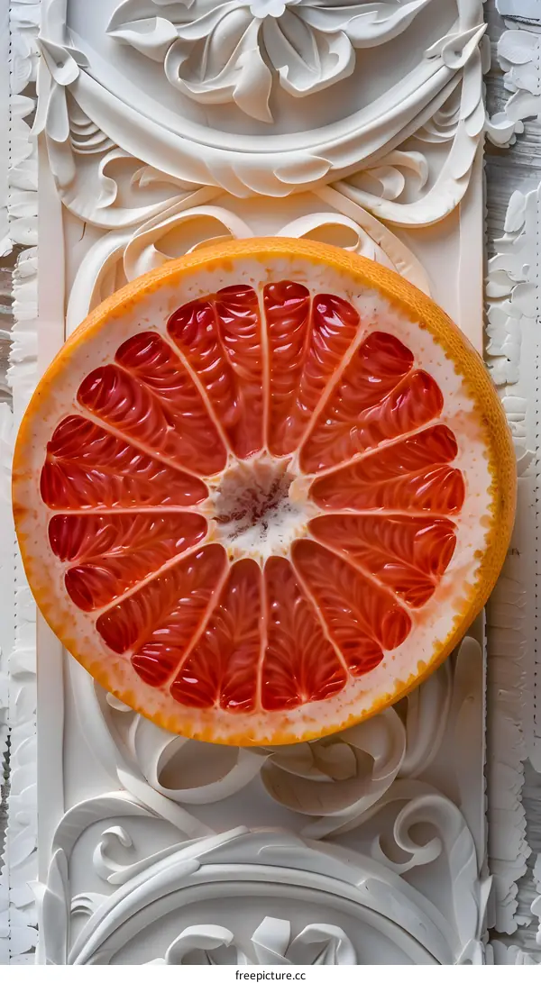Close Up Of A Sliced Grapefruit On A White Ornate Background