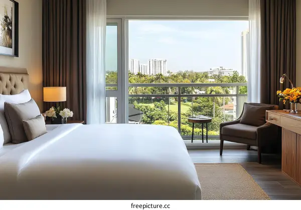 Modern Hotel Bedroom with City View