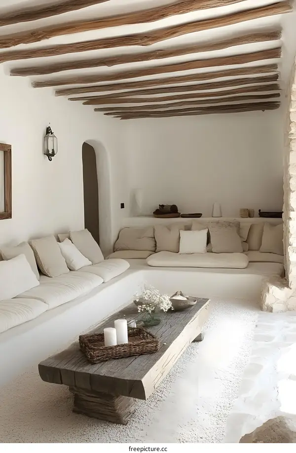 Minimalist Living Room with White Walls and Wooden Beams