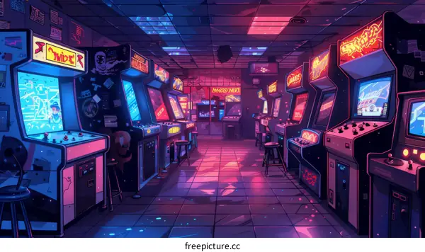 An empty retro arcade with neon lights