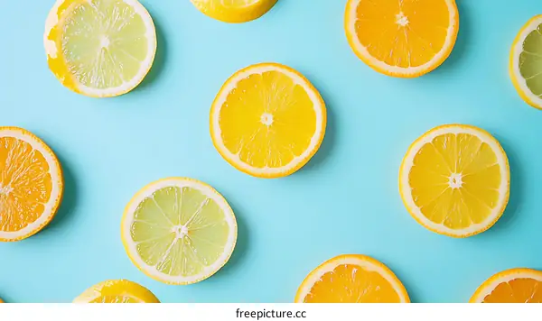 Lemon and Orange Slices on Blue Background