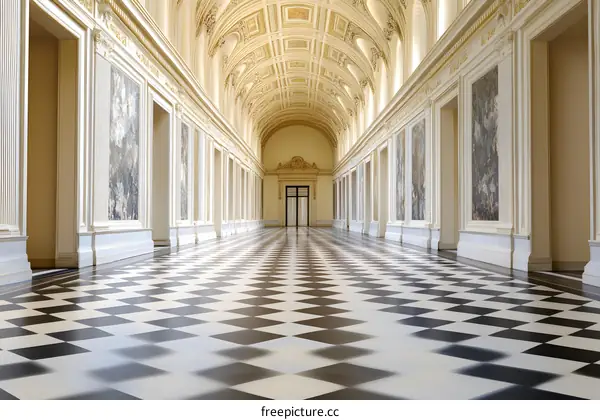 Checkerboard Floor In A Palace Hallway With Ornate Ceiling