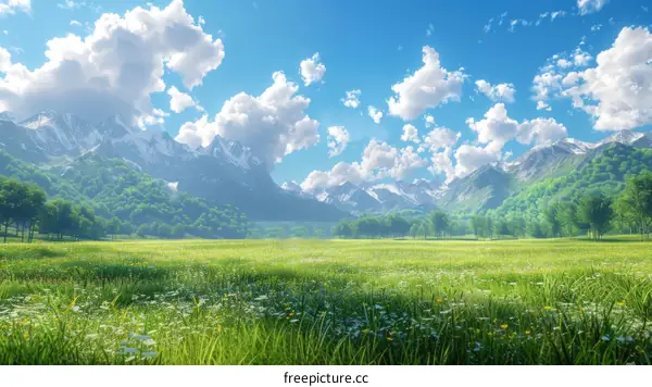 Panoramic View of Green Meadow with Trees and Distant Mountains