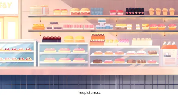 Bakery Illustration of Shelf Display with Pastries and Cakes