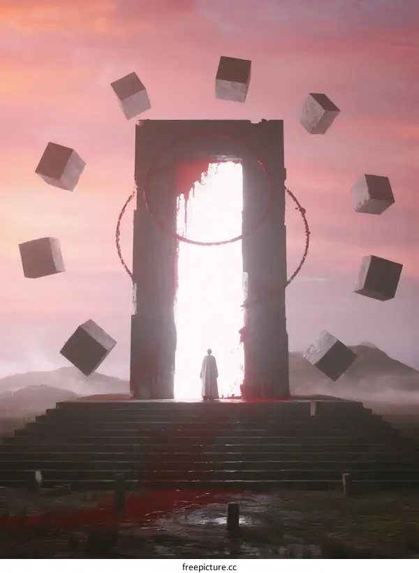 A mysterious figure stands before a glowing portal with floating cubes in the sky