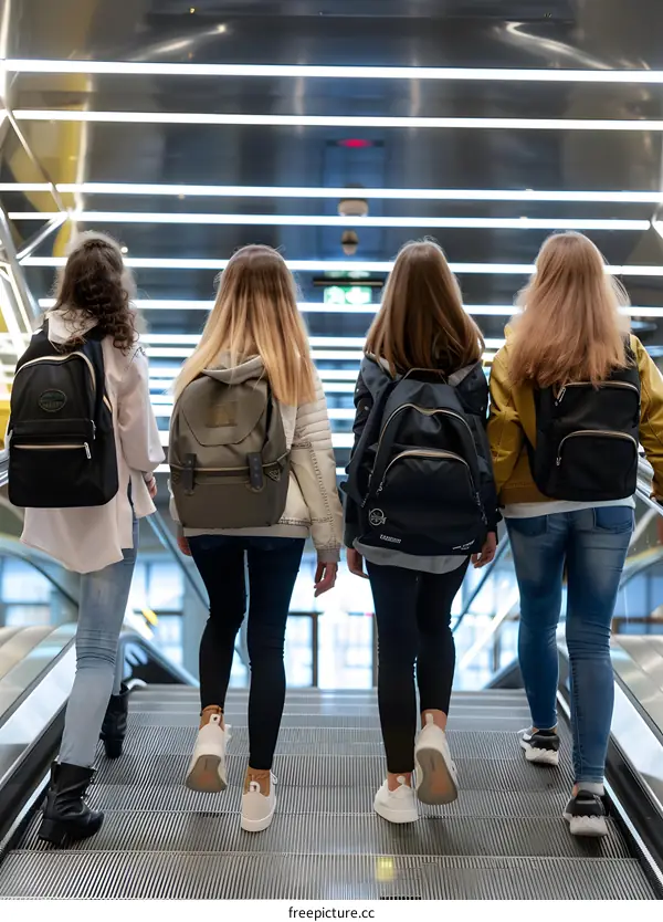 Group of Four Young Women Walking on an Escalator with Backpacks
